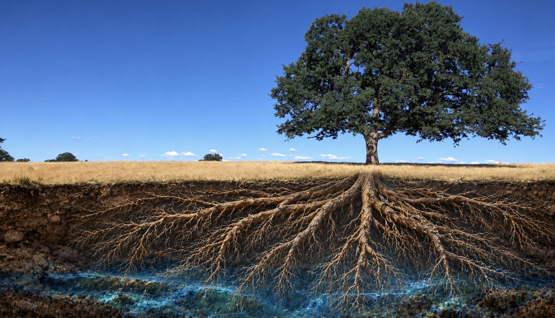 The same oak tree, with the ground cut away to reveal an enormous root system reaching down toward water